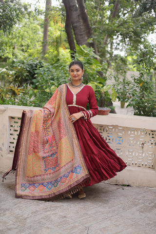 Maroon Roman Fabric Frill-Stitched Gown with Maslin Crochet Dupatta ClothsVilla