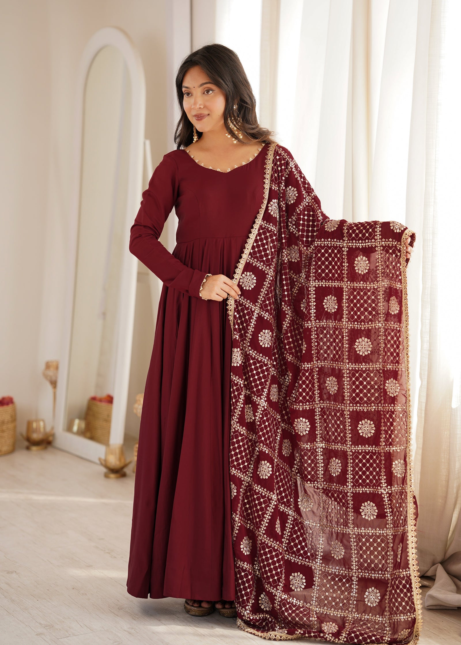 Maroon Roman Silk Anarkali Gown ClothsVilla