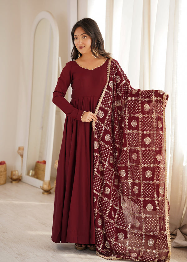 Maroon Roman Silk Anarkali Gown ClothsVilla