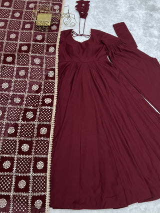 Maroon Roman Silk Anarkali Gown ClothsVilla