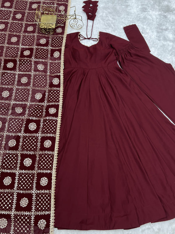 Maroon Roman Silk Anarkali Gown ClothsVilla