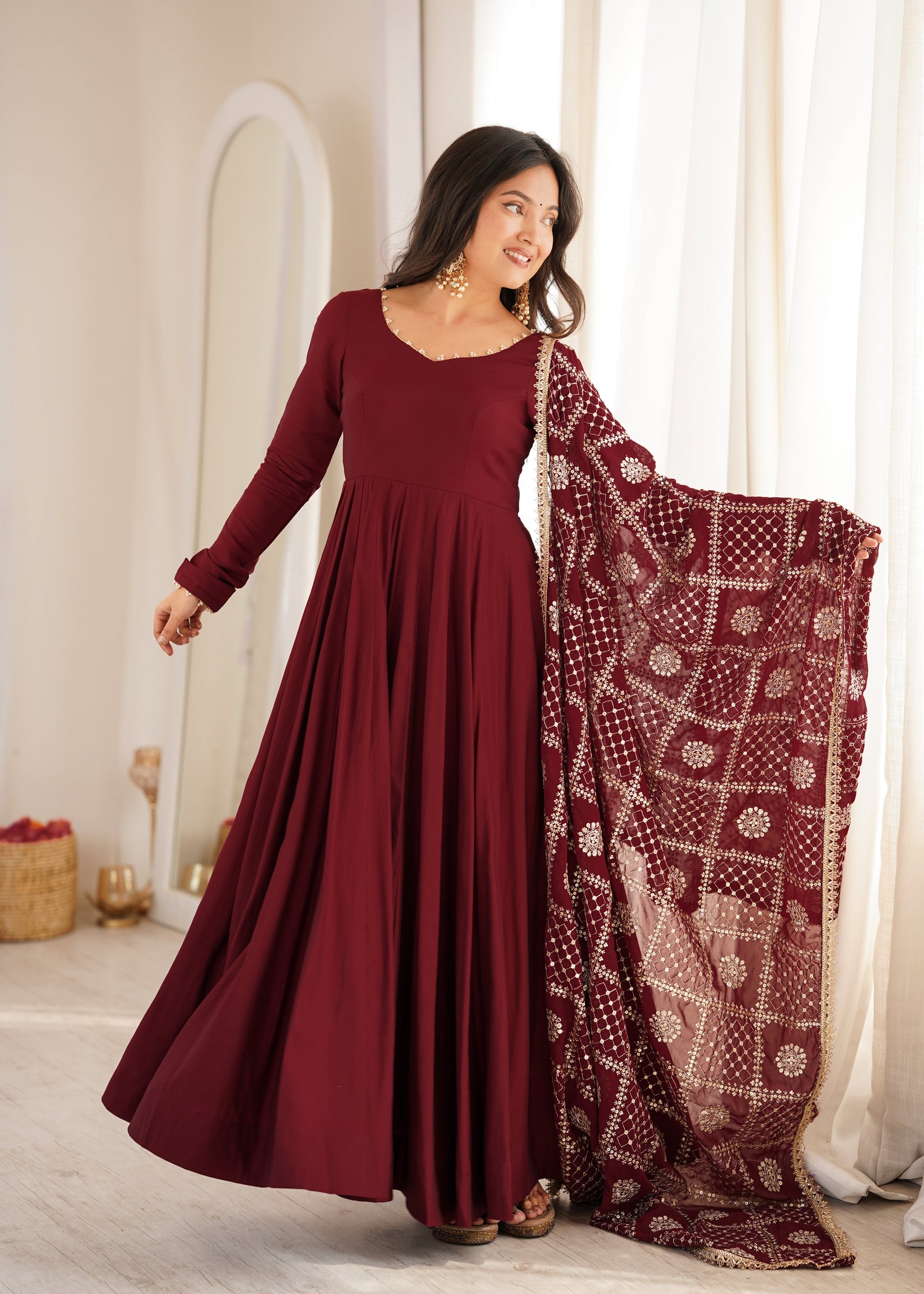 Maroon Roman Silk Anarkali Gown ClothsVilla