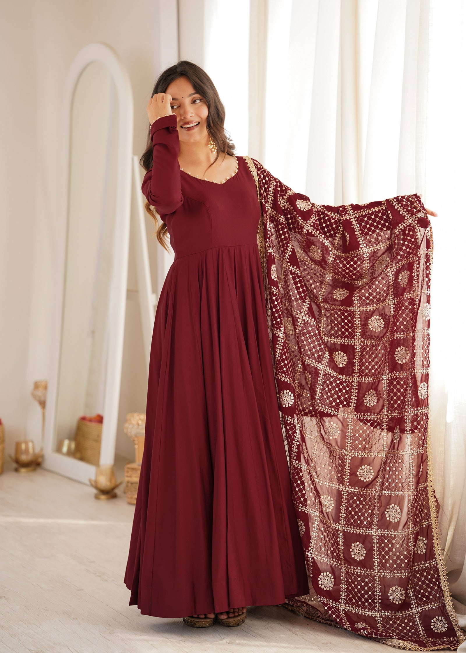 Maroon Roman Silk Anarkali Gown ClothsVilla