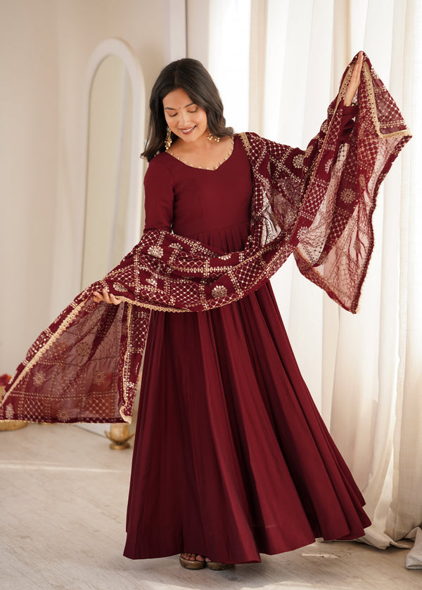 Maroon Roman Silk Anarkali Gown ClothsVilla