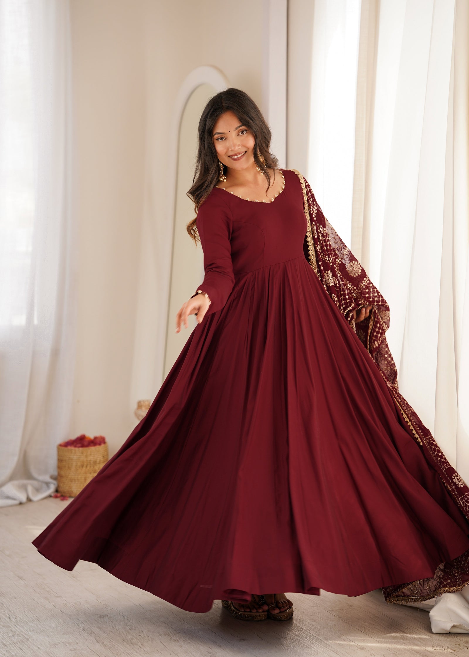 Maroon Roman Silk Anarkali Gown ClothsVilla
