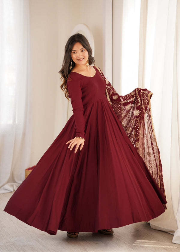 Maroon Roman Silk Anarkali Gown ClothsVilla