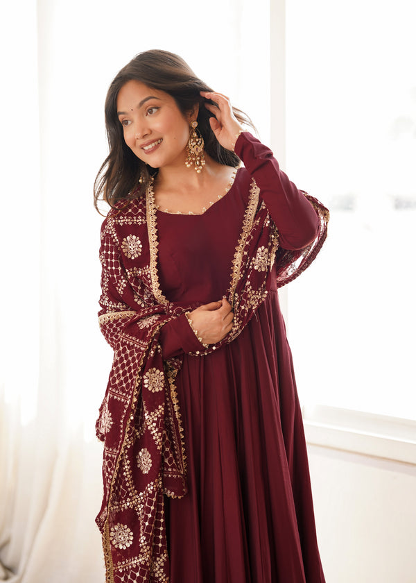 Maroon Roman Silk Anarkali Gown ClothsVilla