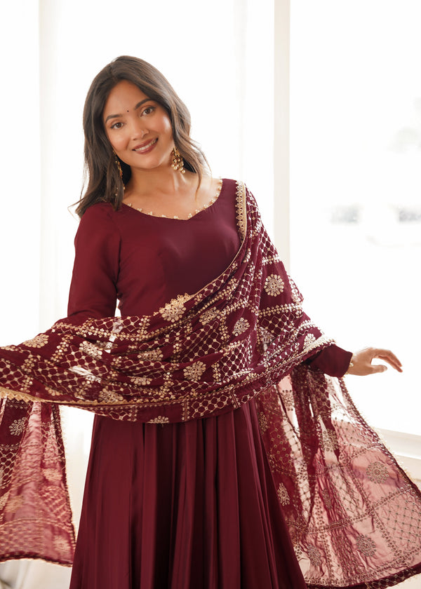Maroon Roman Silk Anarkali Gown ClothsVilla