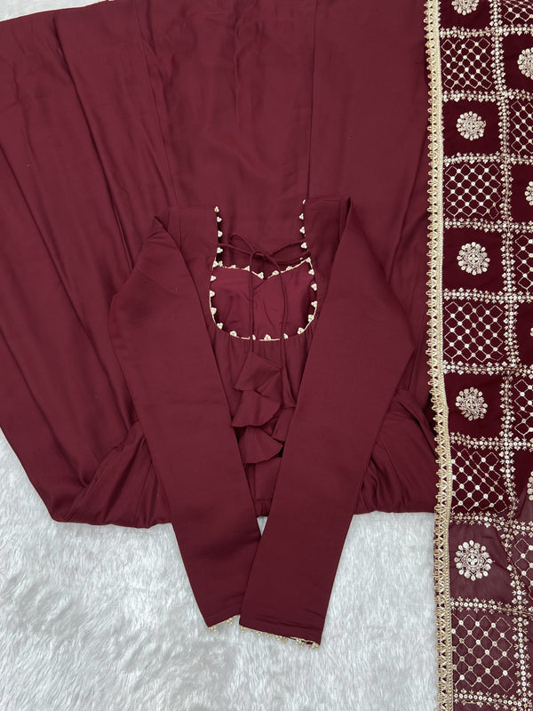 Maroon Roman Silk Anarkali Gown ClothsVilla