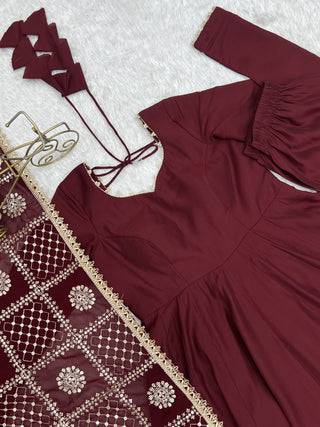 Maroon Roman Silk Anarkali Gown ClothsVilla