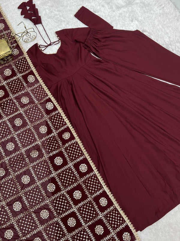 Maroon Roman Silk Anarkali Gown ClothsVilla
