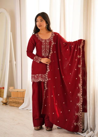 Maroon Roman Silk Farshi Shalwar Set ClothsVilla
