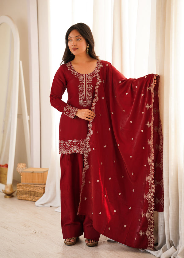 Maroon Roman Silk Farshi Shalwar Set ClothsVilla