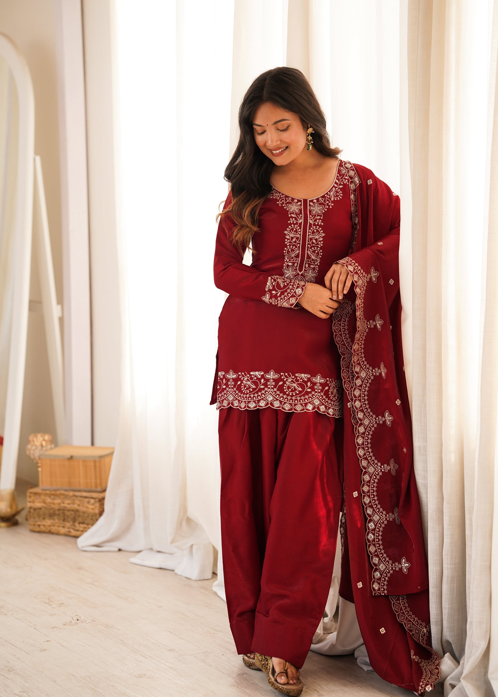 Maroon Roman Silk Farshi Shalwar Set ClothsVilla