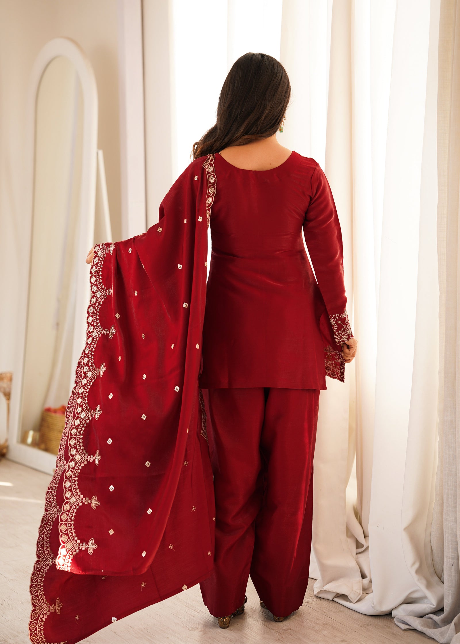 Maroon Roman Silk Farshi Shalwar Set ClothsVilla