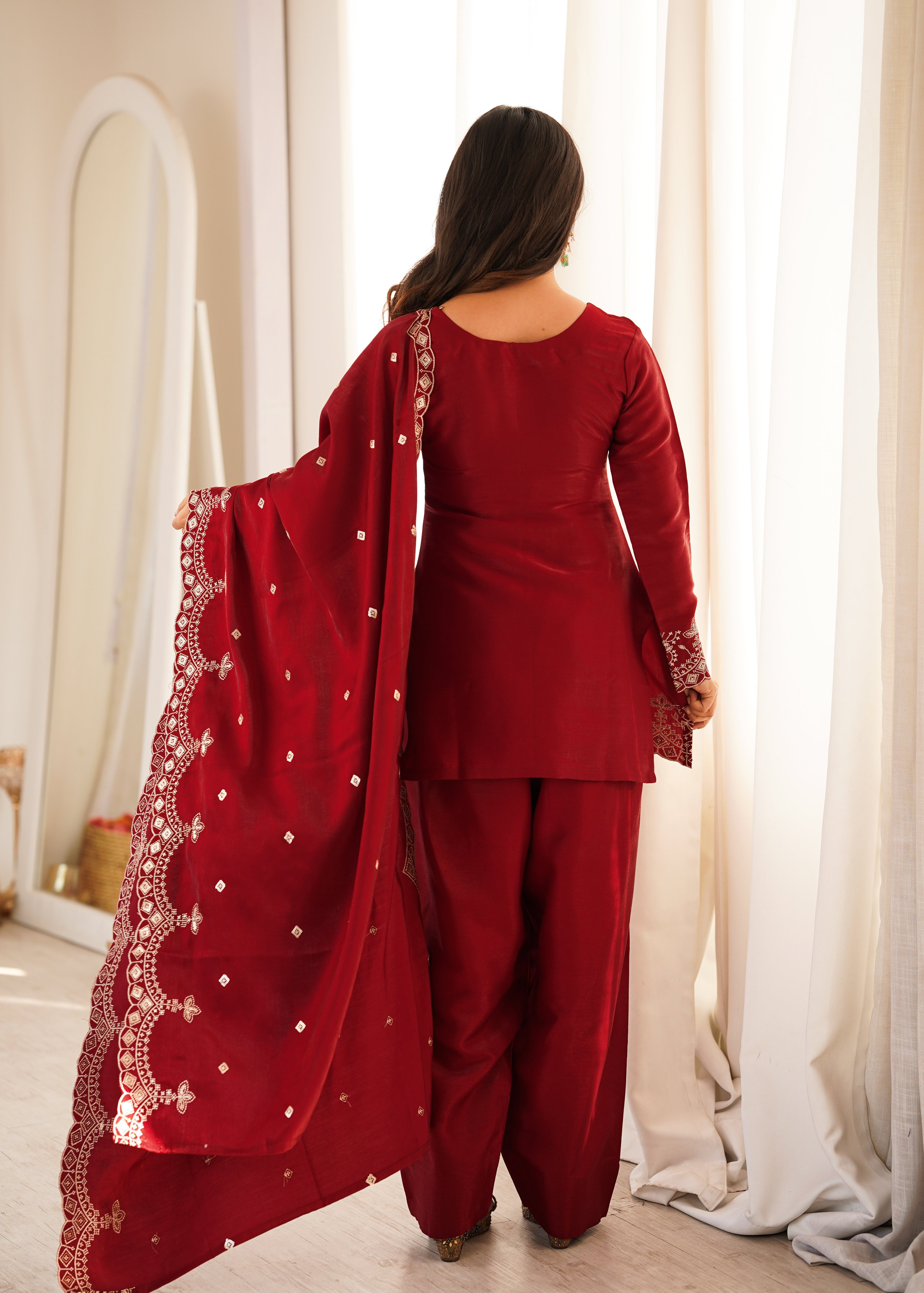 Maroon Roman Silk Farshi Shalwar Set ClothsVilla