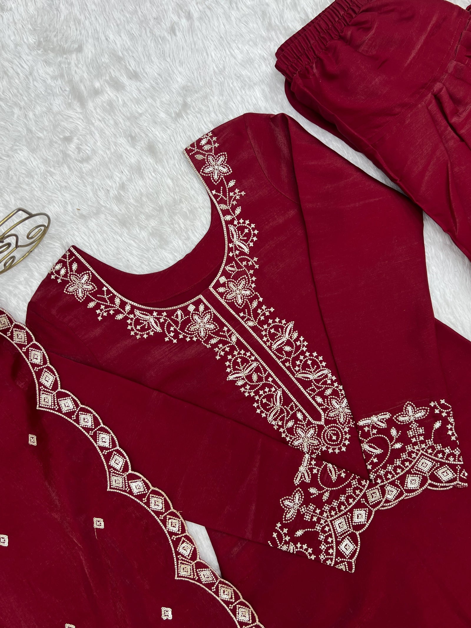 Maroon Roman Silk Farshi Shalwar Set ClothsVilla