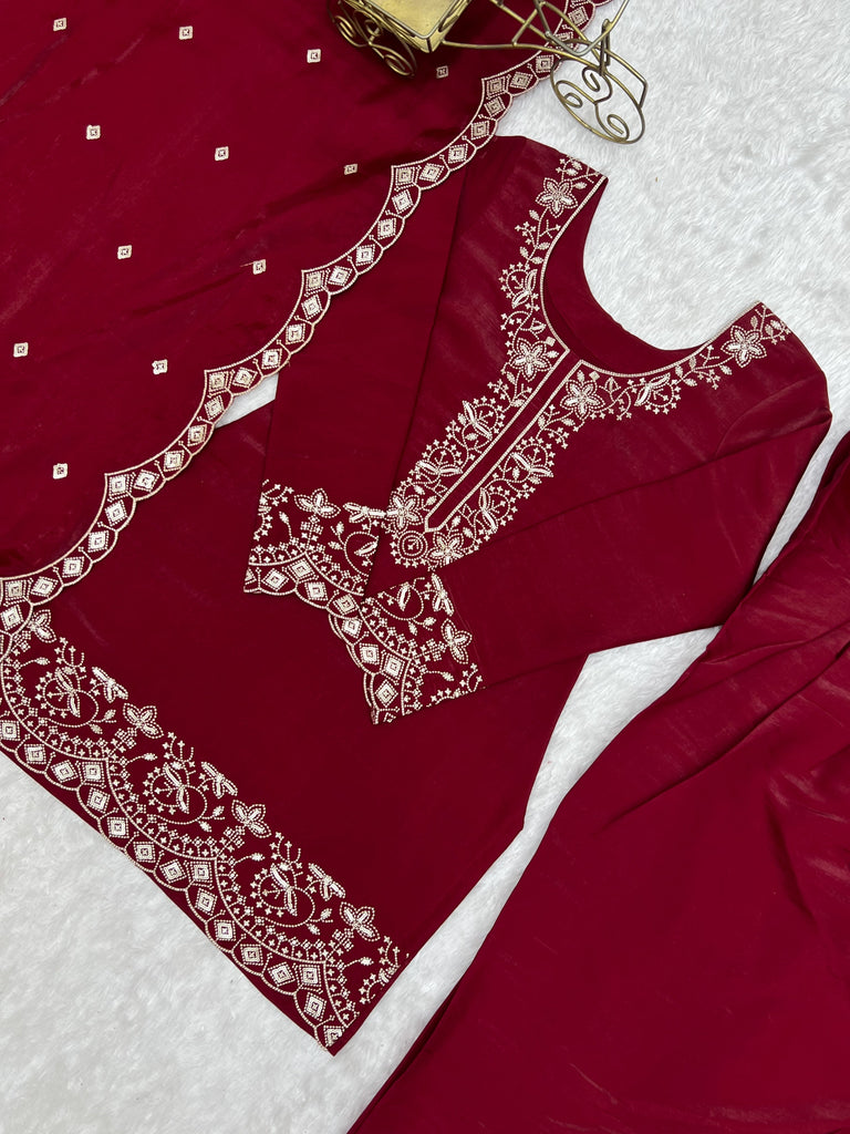 Maroon Roman Silk Farshi Shalwar Set ClothsVilla