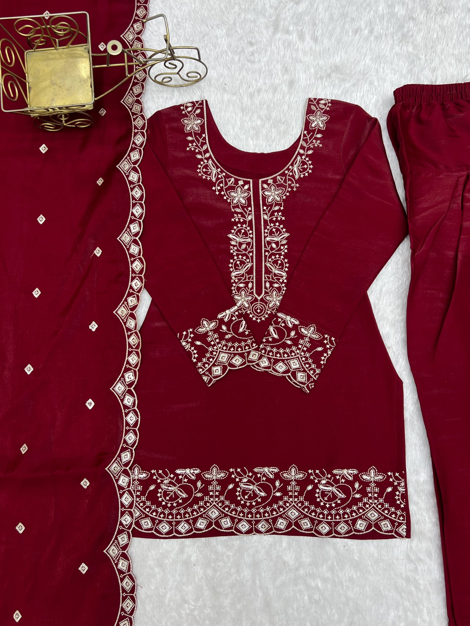 Maroon Roman Silk Farshi Shalwar Set ClothsVilla