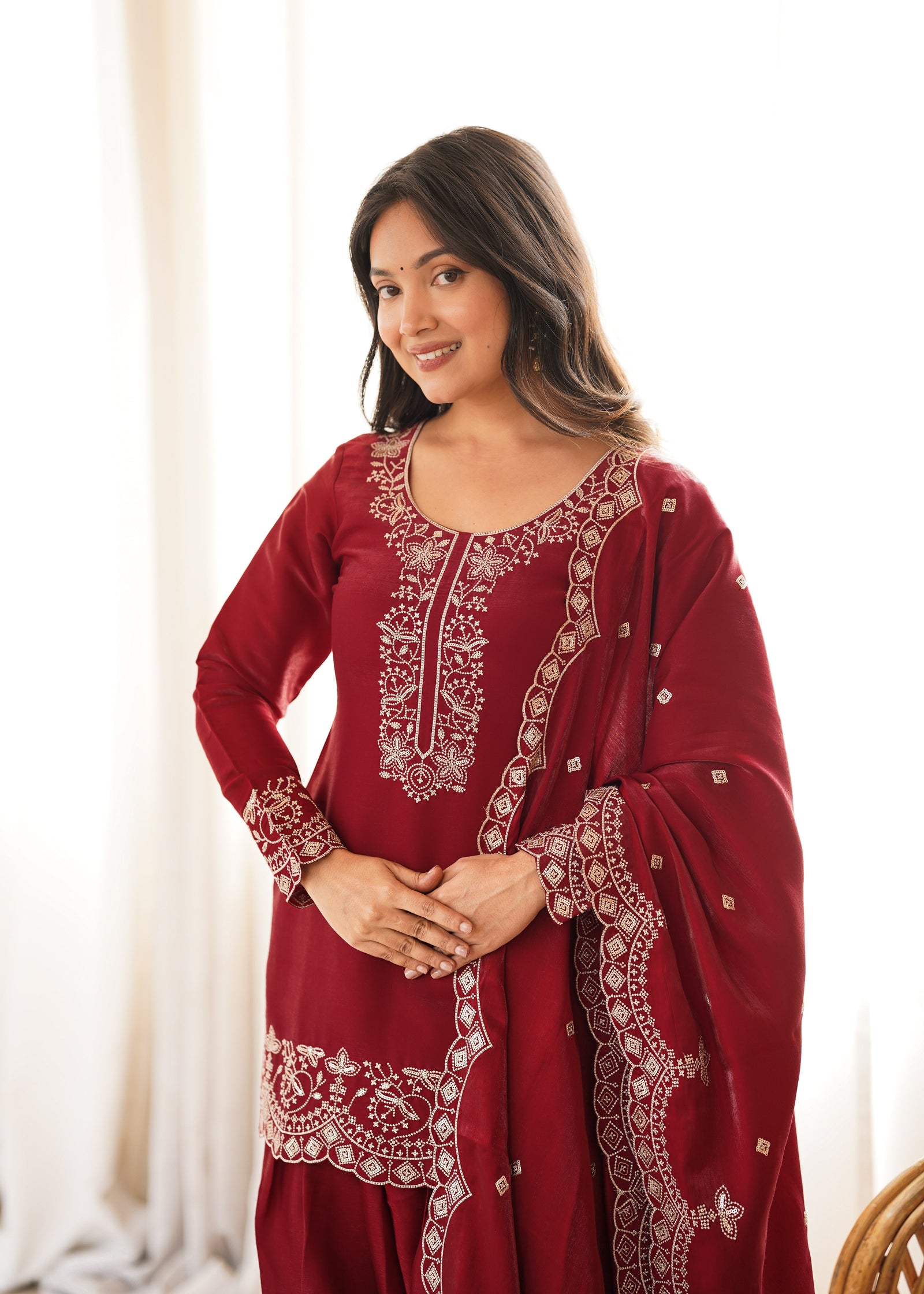 Maroon Roman Silk Farshi Shalwar Set ClothsVilla