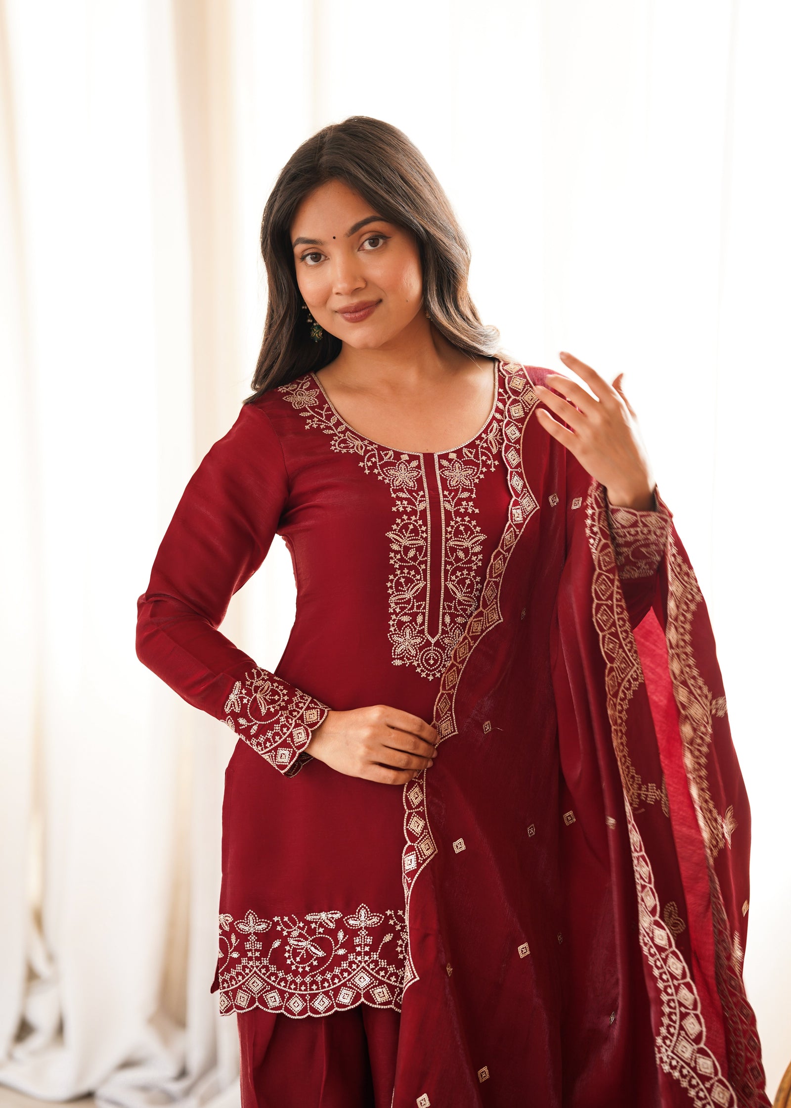 Maroon Roman Silk Farshi Shalwar Set ClothsVilla