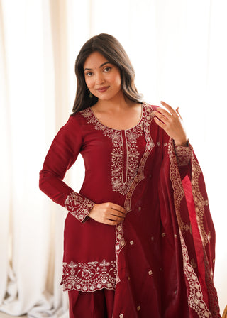 Maroon Roman Silk Farshi Shalwar Set ClothsVilla