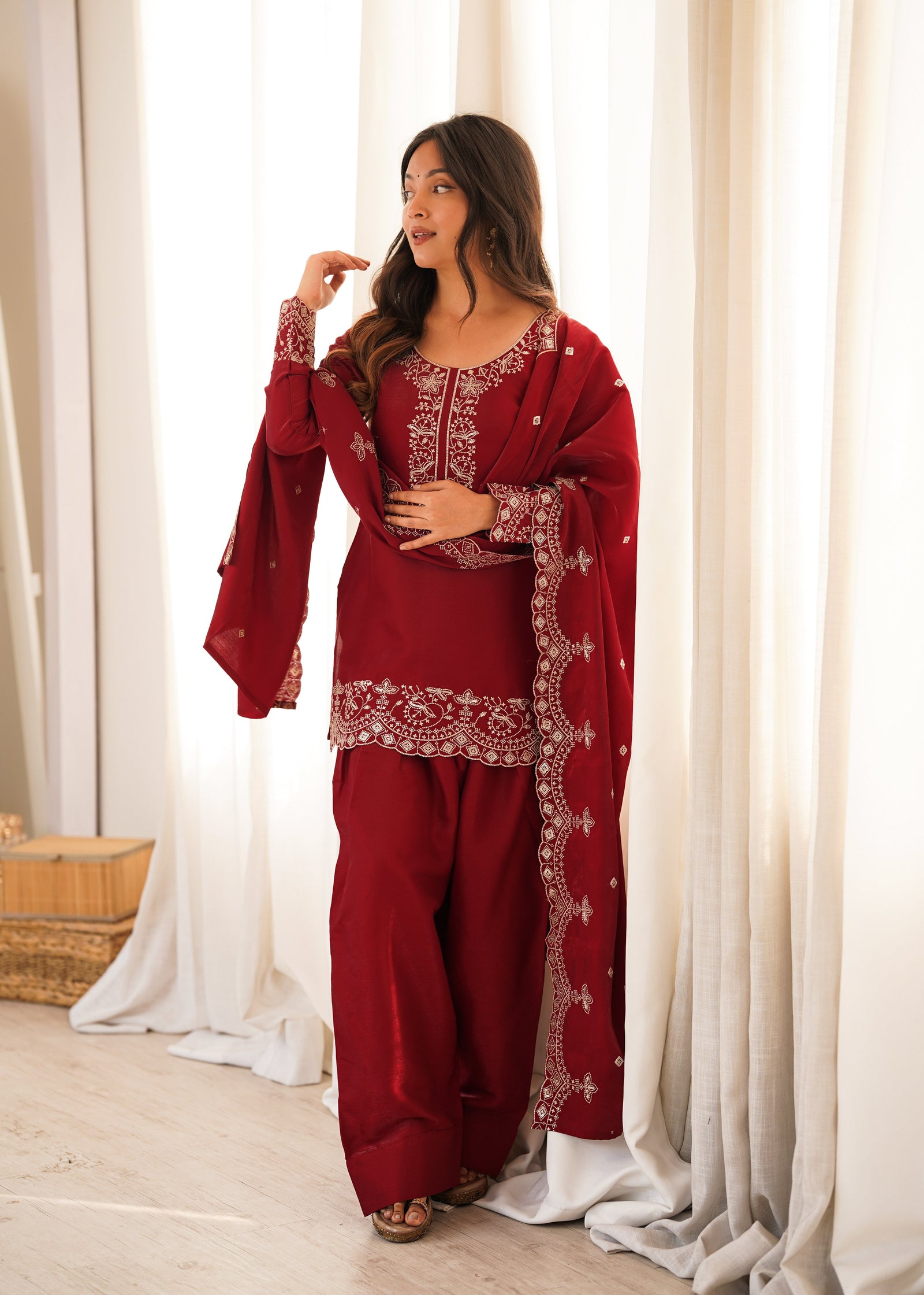 Maroon Roman Silk Farshi Shalwar Set ClothsVilla