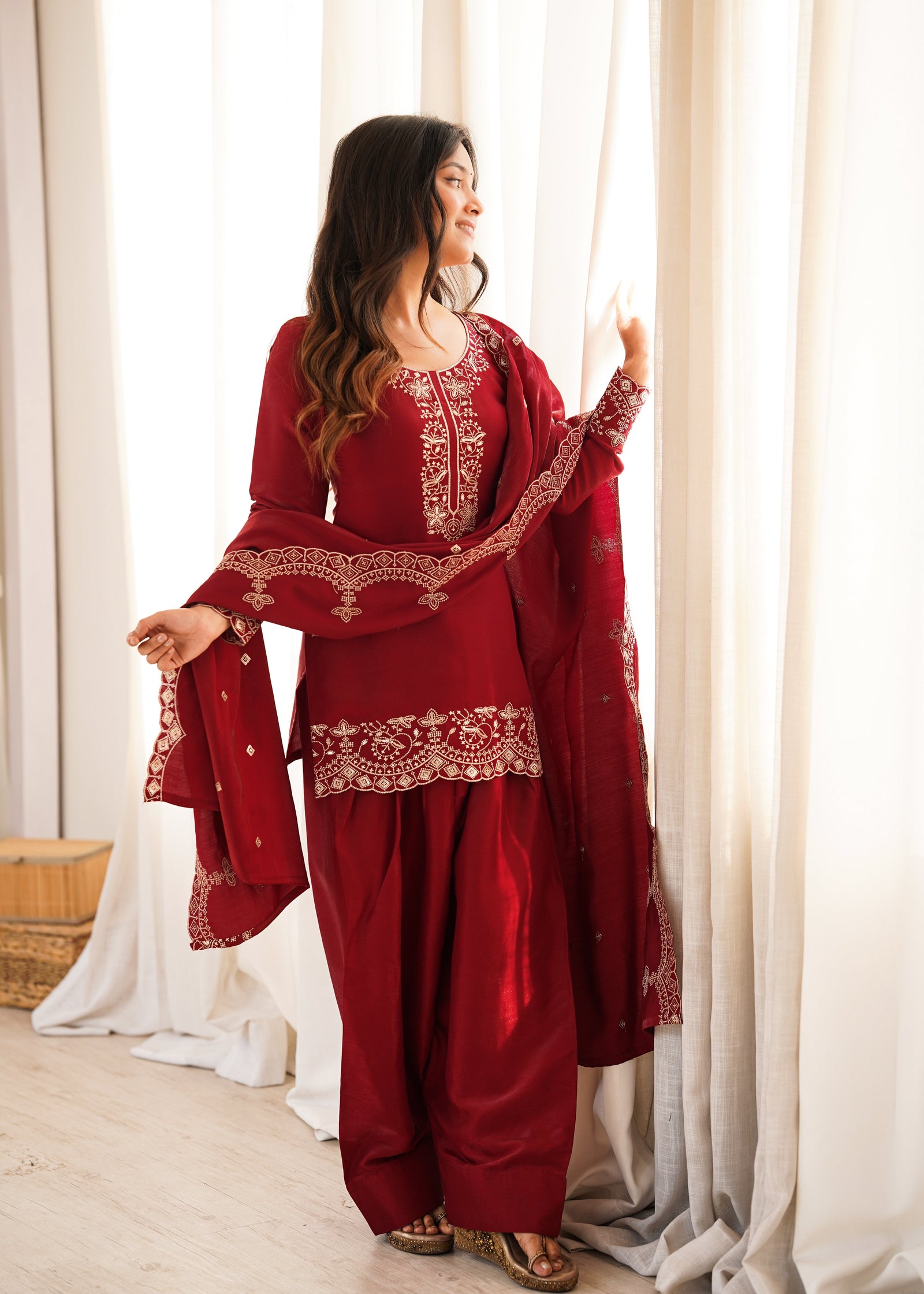 Maroon Roman Silk Farshi Shalwar Set ClothsVilla