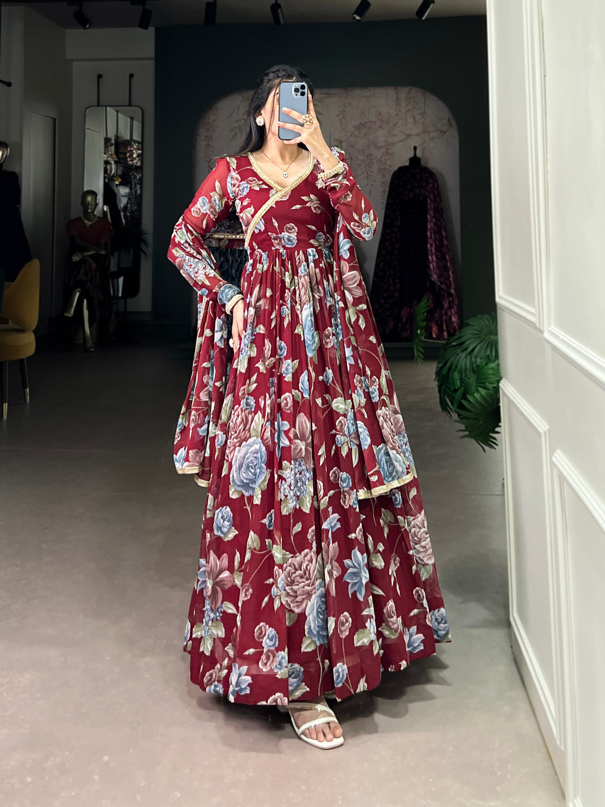 Maroon Sculpted Beauty Floral Print Marbel Gown with Lace Touch-Up Dupatta Main image