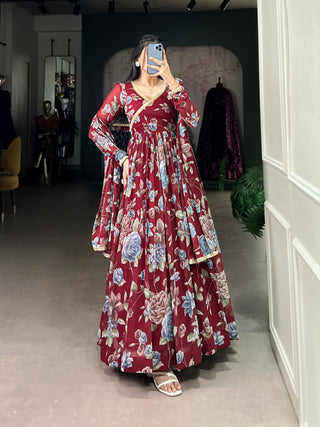 Maroon Sculpted Beauty Floral Print Marbel Gown with Lace Touch-Up Dupatta