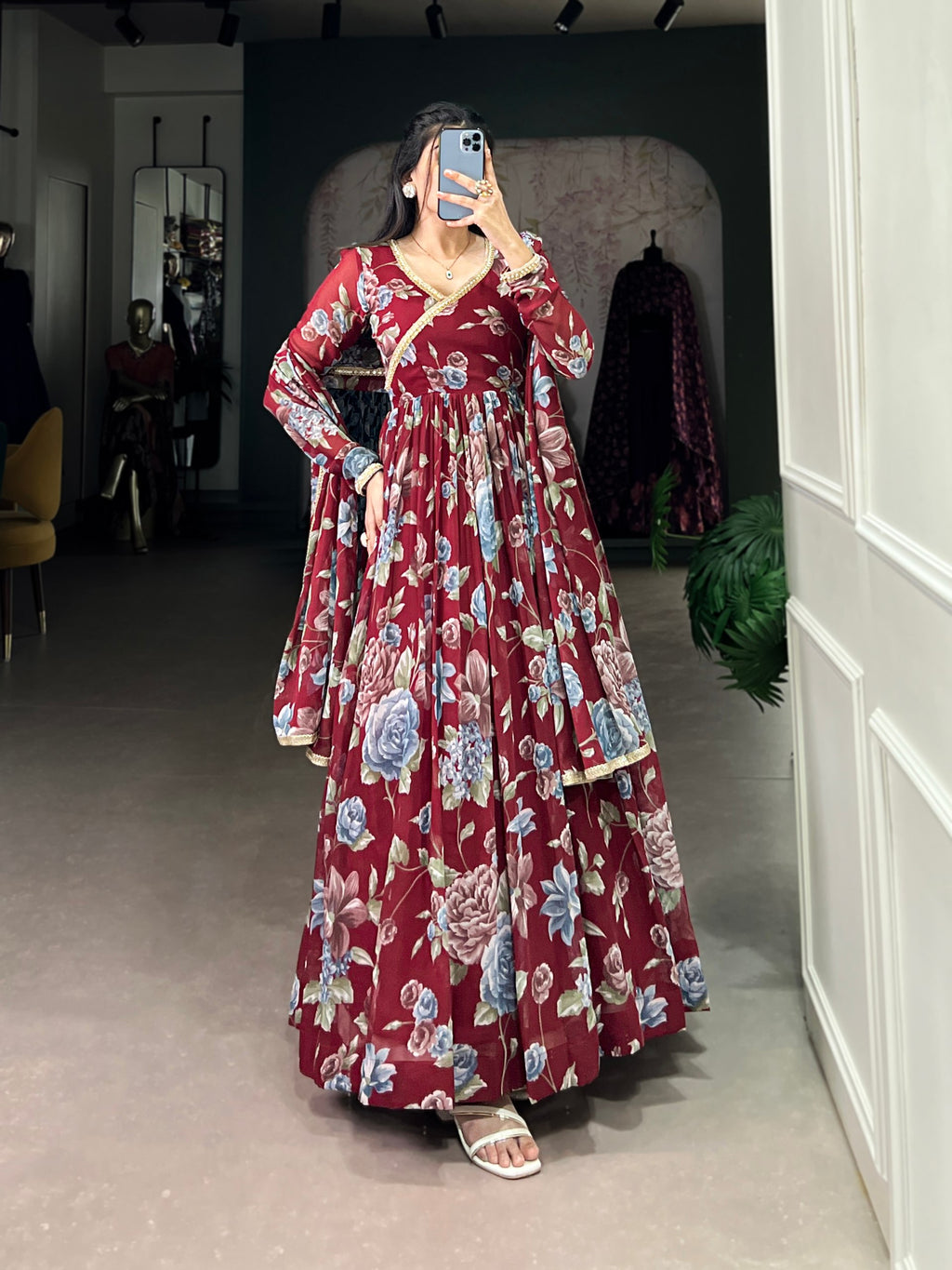 Maroon Sculpted Beauty Floral Print Marbel Gown with Lace Touch-Up Dupatta