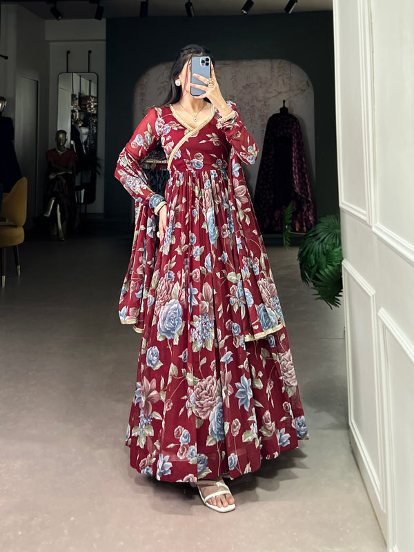 Maroon Sculpted Beauty Floral Print Marbel Gown with Lace Touch-Up Dupatta