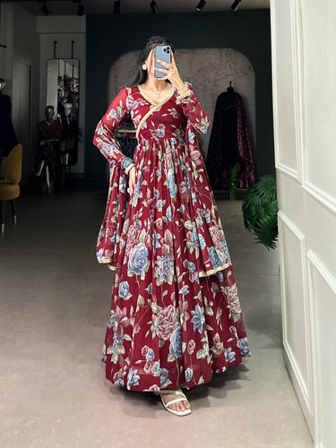 Maroon Sculpted Beauty Floral Print Marbel Gown with Lace Touch-Up Dupatta