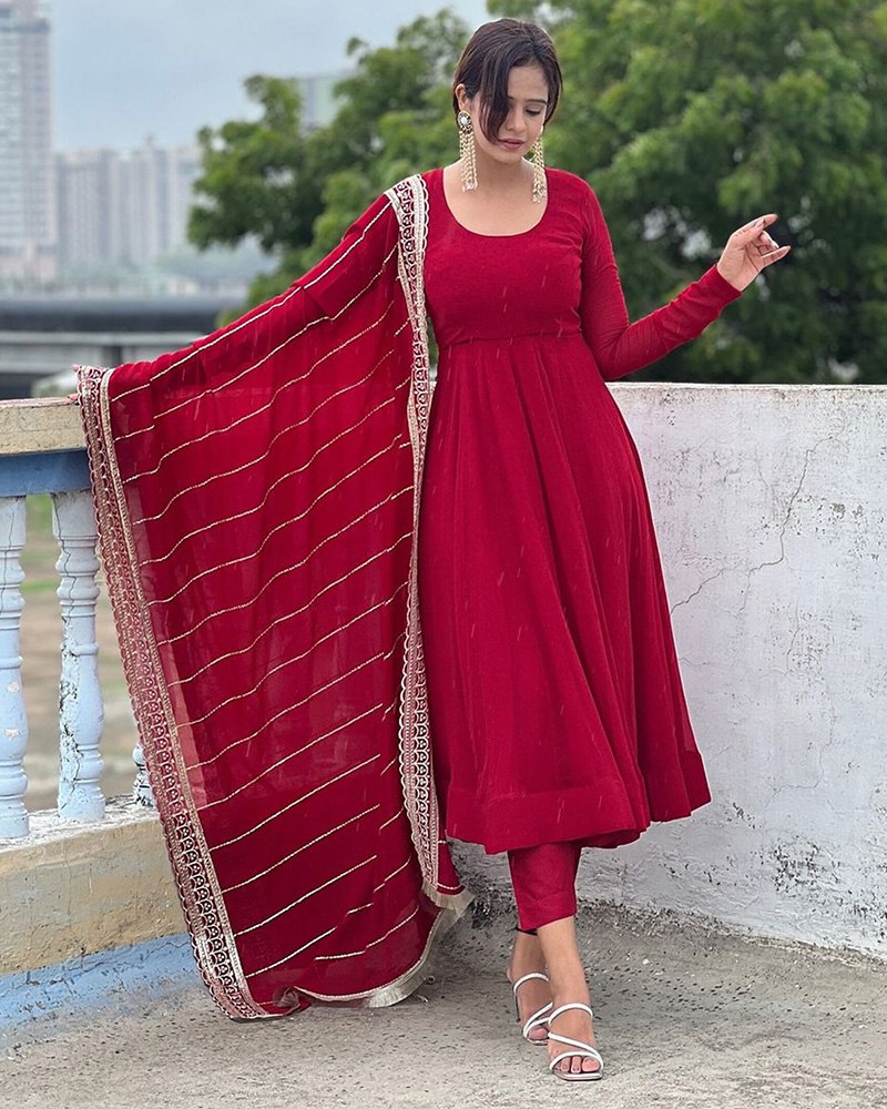 Maroon Codding Sequence Work Roman Silk Anarkali Gown With Georgette Dupatta main image 1