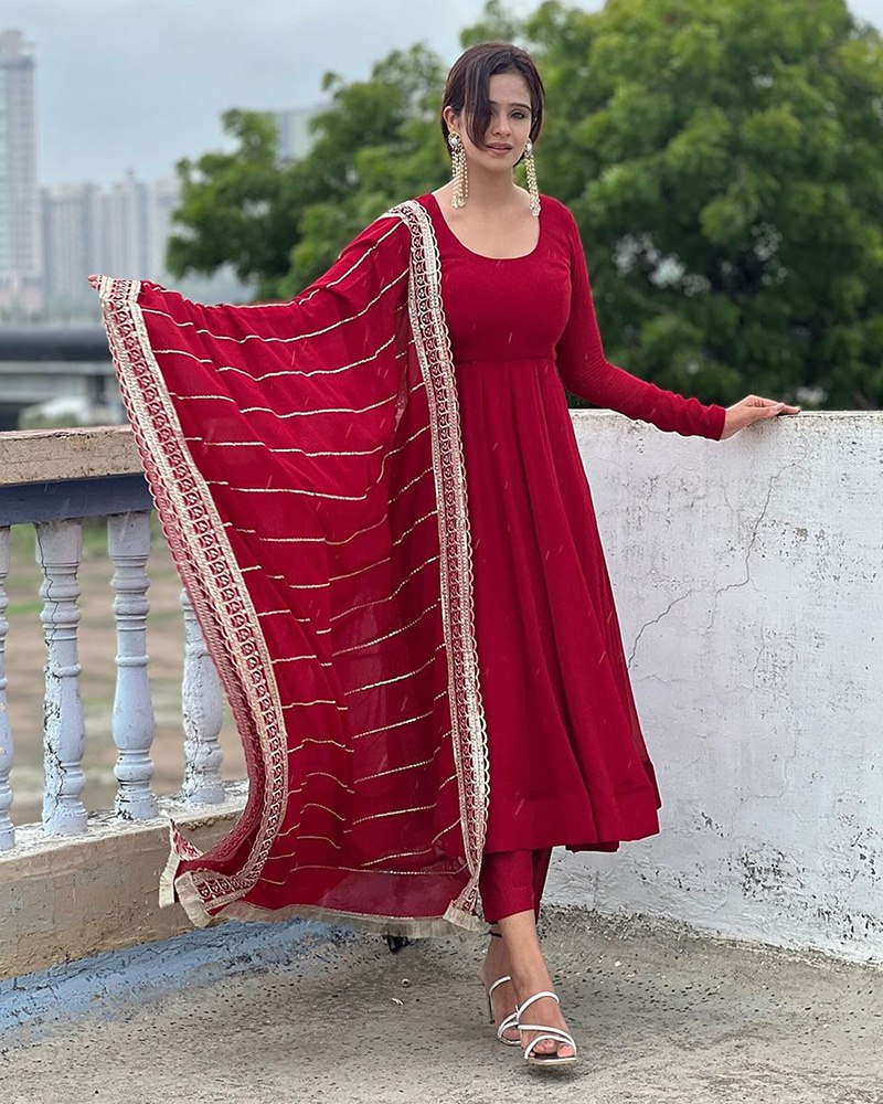 Maroon Sequence Embroidered Georgette Anarkali Suit with Dupatta ClothsVilla