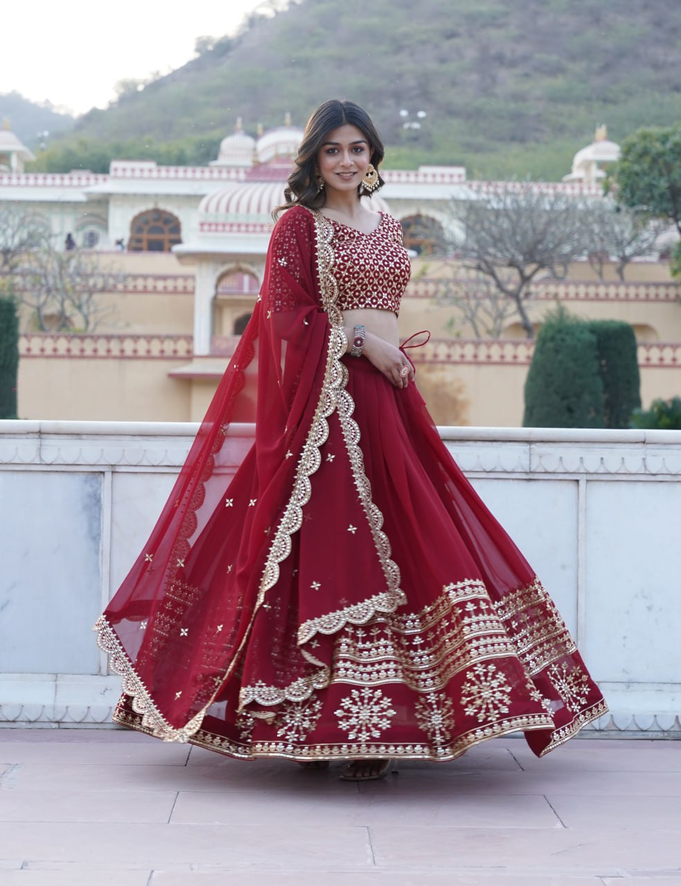 Maroon Sequined Faux Georgette Lehenga Choli Set with Dupatta ClothsVilla