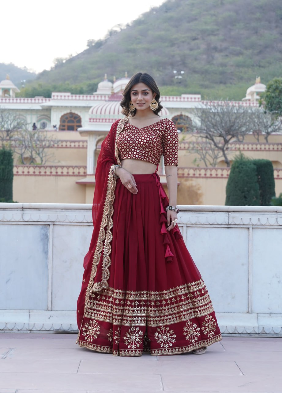 Maroon Sequined Faux Georgette Lehenga Choli Set with Dupatta ClothsVilla