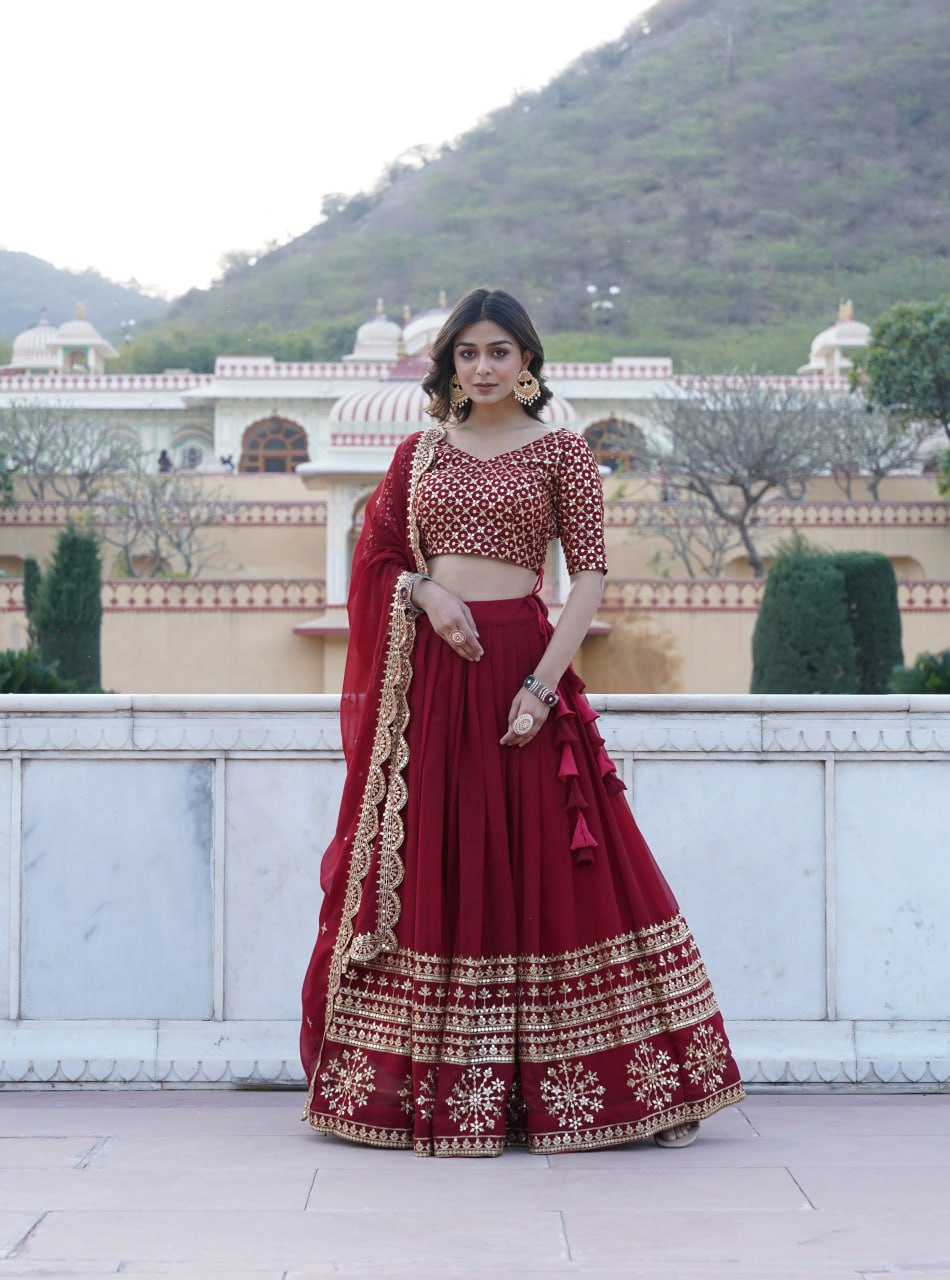 Maroon Sequined Faux Georgette Lehenga Choli Set with Dupatta ClothsVilla Main image