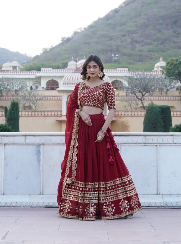 Maroon Sequined Faux Georgette Lehenga Choli Set with Dupatta ClothsVilla