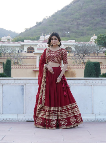 Maroon Sequined Faux Georgette Lehenga Choli Set with Dupatta ClothsVilla