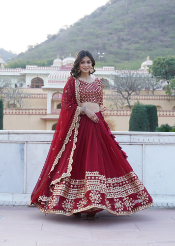 Maroon Sequined Faux Georgette Lehenga Choli Set with Dupatta ClothsVilla