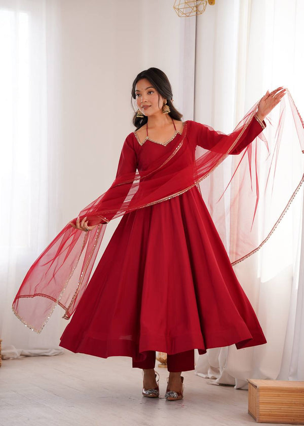 Maroon Silk Chanderi Anarkali Set ClothsVilla