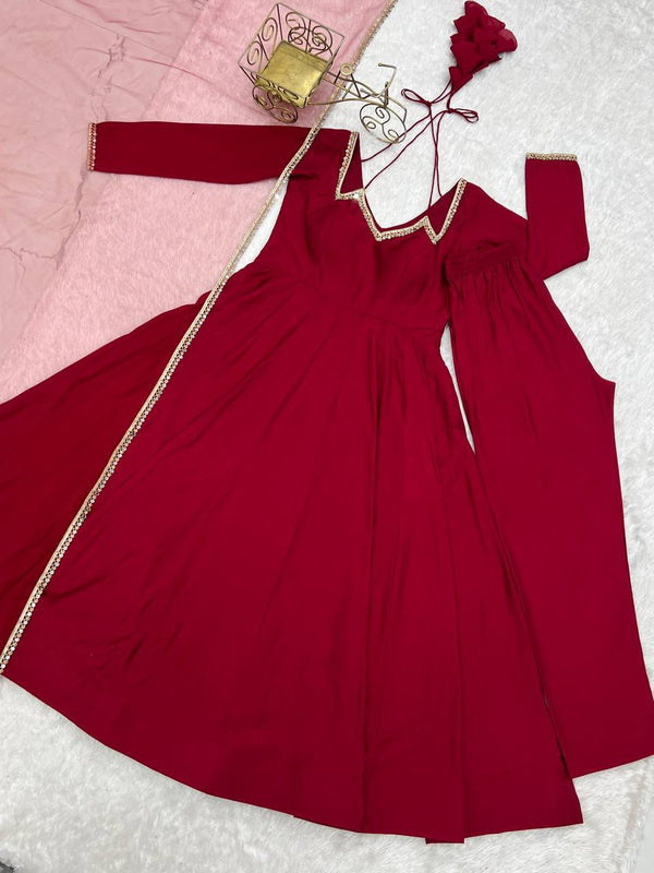 Maroon Silk Chanderi Anarkali Set ClothsVilla