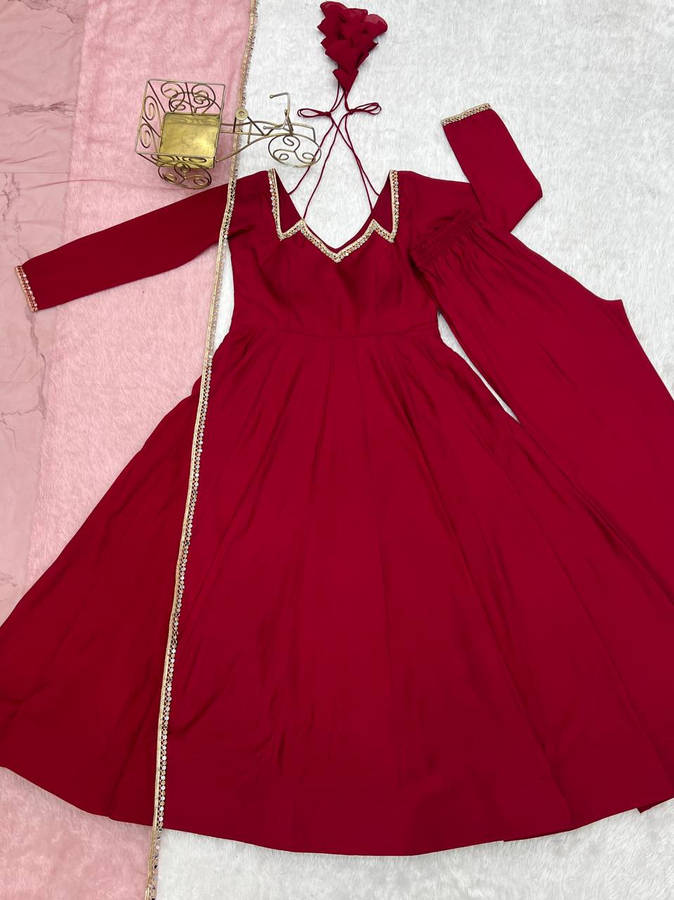 Maroon Silk Chanderi Anarkali Set ClothsVilla