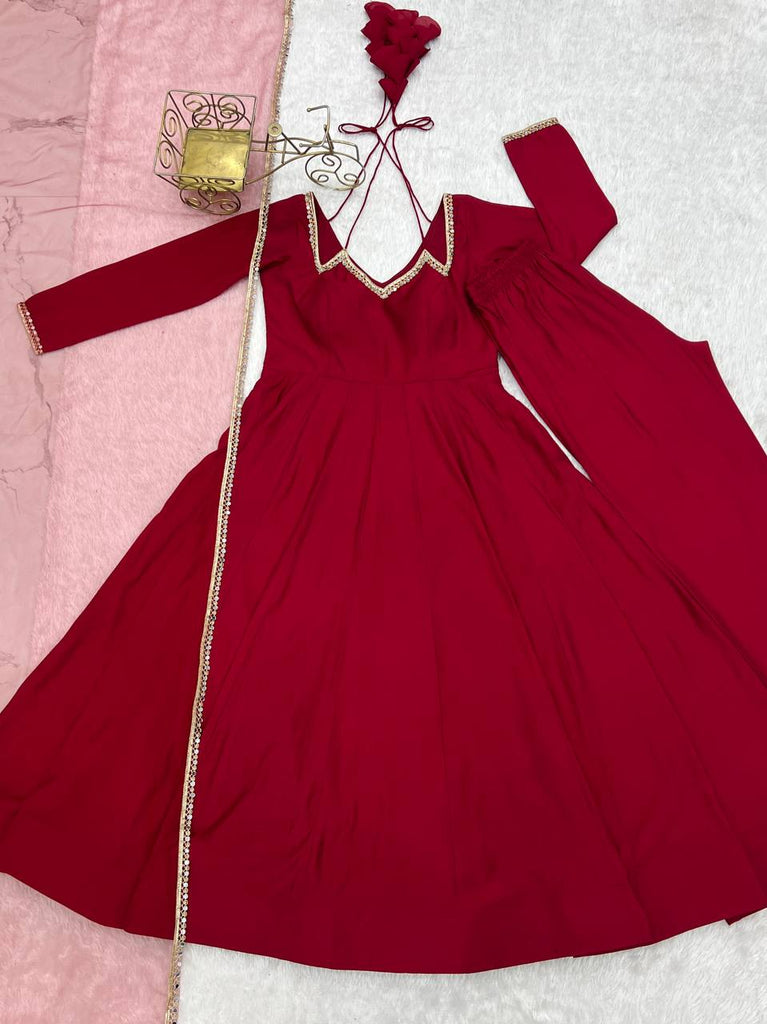 Maroon Silk Chanderi Anarkali Set ClothsVilla