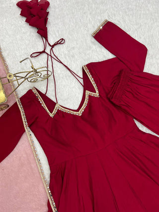 Maroon Silk Chanderi Anarkali Set ClothsVilla