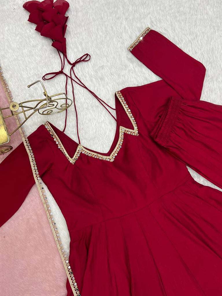 Maroon Silk Chanderi Anarkali Set ClothsVilla