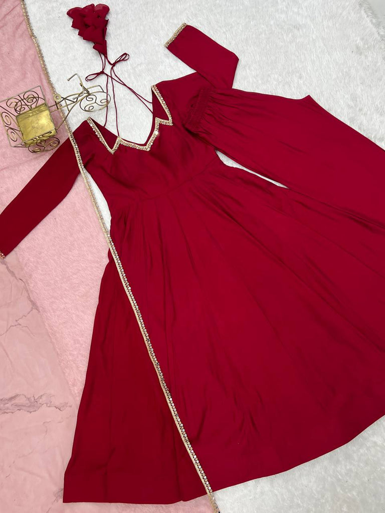 Maroon Silk Chanderi Anarkali Set ClothsVilla