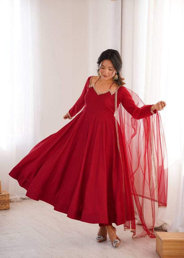 Maroon Silk Chanderi Anarkali Set ClothsVilla