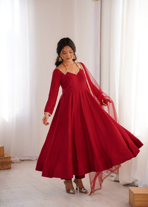 Maroon Silk Chanderi Anarkali Set ClothsVilla